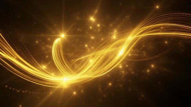 Golden Abstract Swirling Light Waves with Glittering Particles on a Dark Background flowing
