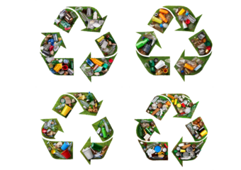 Set Recycling symbol made of mixed garbage isolated on transparent or white background