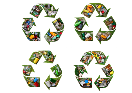 Set Recycling symbol made of mixed garbage isolated on transparent or white background - Powered by Adobe