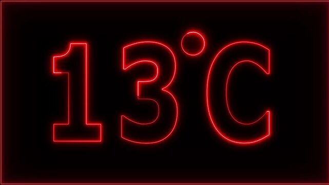 Neon 13&deg;C temperature display showing on black background. Weather temperature displays by degree, climate change, Scientific designs.