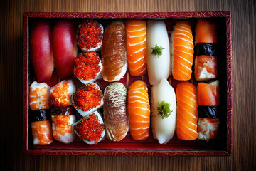 Hyper-realistic animation of assorted sushi box on wooden table with elegant top view
