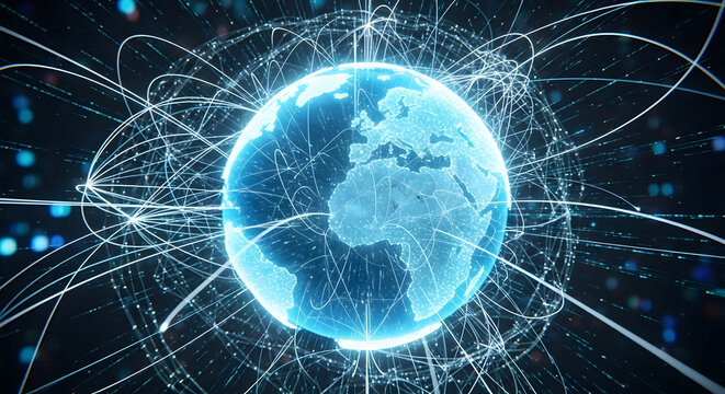 Global digital network connecting the world through interconnected lines and nodes, representing technology and communication