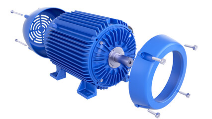 Exploded View Industrial Induction Electric Motor. High-quality 3D rendering isolated on white...