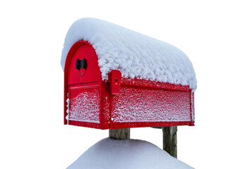 Snow-covered mailbox standing alone in winter, isolated on transparent or white background