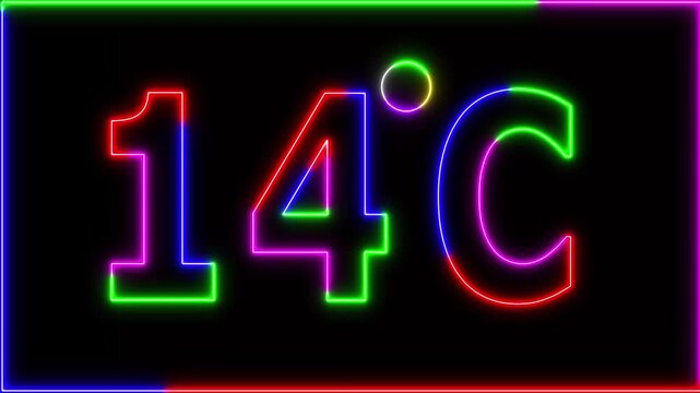 Neon 14&deg;C temperature display showing on black background. Weather temperature displays by degree, climate change, Scientific designs.