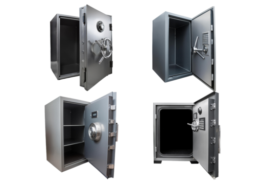 Set Steel safe vault with open door isolated on transparent or white background