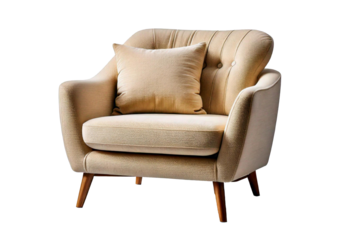Stylish beige armchair with soft cushion, perfect for modern interiors. isolated on a transparent or white background.