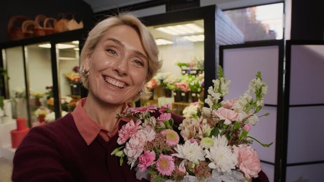 POV shot of cheerful middle-aged woman with bouquet of beautiful flowers taking selfies in florist shop