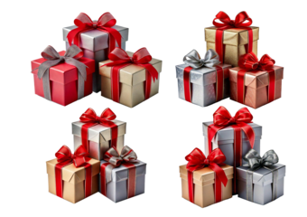 Set of decorative gift boxes with ribbons and bows for celebrations and holidays isolated on a transparent or white background.