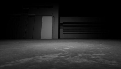 3d rendering of white neon glowing spaceship corridor hallway dark background. Scene for advertising, showroom, technology, future, modern, E sport, game, garage. Sci Fi Illustration. Product display