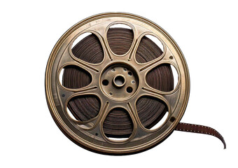 Obraz premium Vintage film reel with film strip, showcasing cinematic history and nostalgia isolated on a transparent or white background.