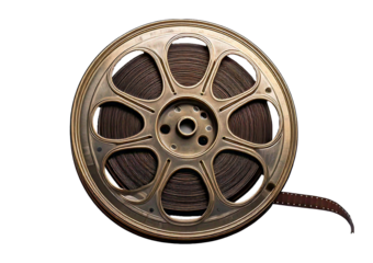 Vintage film reel with film strip, showcasing cinematic history and nostalgia isolated on a transparent or white background.