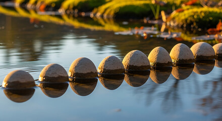 A peaceful line of rounded, half-submerged stone spheres gently rests in calm water, creating soft reflections that mirror their ordered arrangement against a serene, blurred natural backdrop