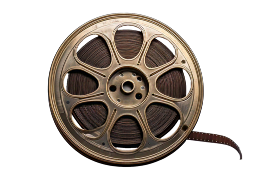 Vintage film reel with film strip, showcasing cinematic history and nostalgia isolated on a transparent or white background.