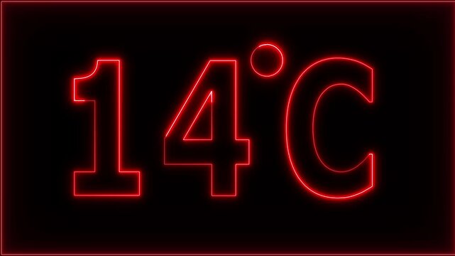 Neon 14&deg;C temperature display showing on black background. Weather temperature displays by degree, climate change, Scientific designs.