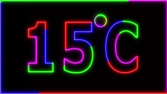 Neon 15&deg;C temperature display showing on black background. Weather temperature displays by degree, climate change, Scientific designs.