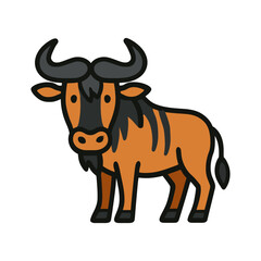 Cartoon wildebeest with black horns and orange-brown fur on white background.