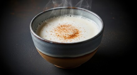 Close up overhead view of a steaming hot creamy beverage in a rustic ceramic mug with a dark background