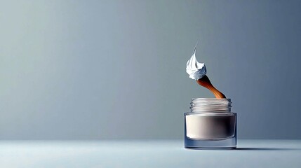 A shaving brush with a dollop of white foam is lifted from a glass jar containing cream, against a plain, muted background.