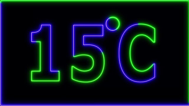 Neon 15&deg;C temperature display showing on black background. Weather temperature displays by degree, climate change, Scientific designs.