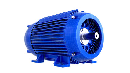 Industrial Electric Motor - side view with visible front. High-quality 3D rendering isolated on white background. Ideal for educational, engineering and industrial design