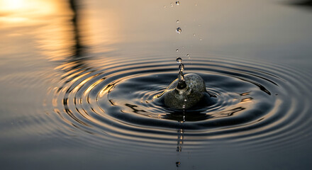 A serene moment captured as a single water droplet creates perfect circular ripples on a calm pond during a golden sunset