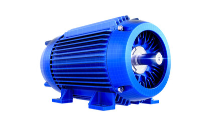 Industrial Induction Electric Motor - side view with visible front. High-quality 3D rendering isolated on white background. Ideal for educational, engineering and industrial design