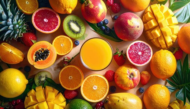 A colorful and refreshing arrangement of various fresh fruits, including oranges, mangoes, papayas, kiwis, grapefruits, lemons, pineapples, strawberries, bluebe