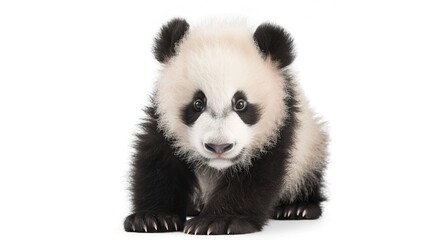 Naklejka premium Adorable Panda Cub Collection: Cute Panda Cubs with Bamboo, Playful Poses, and Pure White Backgrounds for Wildlife, Nature, and Conservation Inspiration