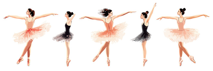 Elegant ballet dancers in classical tutus performing graceful dance poses with pointe shoes in minimalist vector style illustration