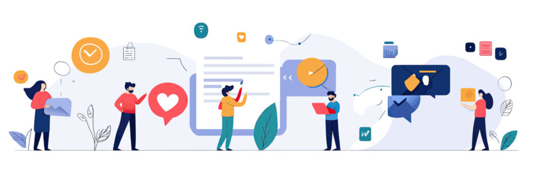 Flat minimalist vector illustration of diverse people interacting with social media icons and digital communication for online marketing and promotion strategy