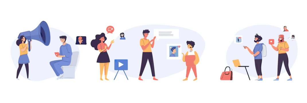 Flat minimalist vector illustration of people engaging in social media marketing, influencer promotion with megaphone, content sharing, and digital communication concepts