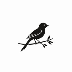 Obraz premium Minimalist black silhouette of small bird perched on leafy branch simple nature wildlife icon vector design isolated on white background