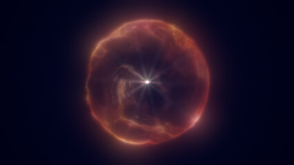 Fiery orange sphere with bright inner core, visualizing cosmic explosion, heat, and stellar power