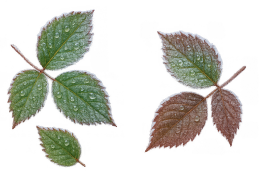 Green and brown leaves with frost and water drops, showing changing seasons and natural beauty, transparent background