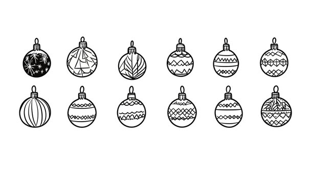 Set of twelve black and white outline Christmas ornament illustrations with various geometric and nature-inspired patterns for holiday decoration design templates