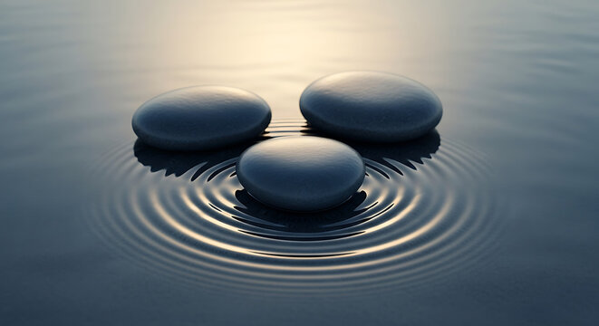 Serene Zen stones gently disturb a reflective water surface, creating concentric ripples that symbolize tranquility, balance, and peaceful harmony in nature