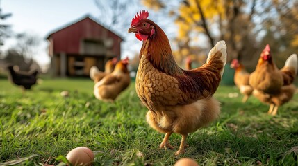 Chickens Grazing in Sunny Farmyard
