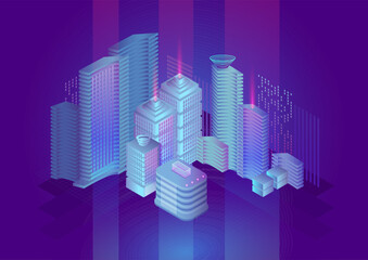 Futuristic Isometric Smart City at Night with Neon Lights