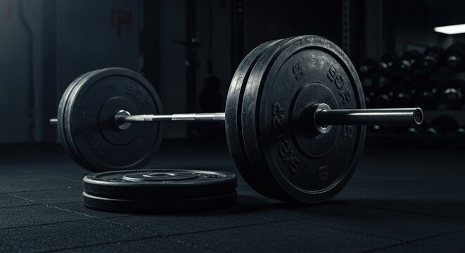 A heavy barbell loaded with large weight plates resting on the floor of a gym, ready for a powerful compound strength training exercise routine ,intensity ,healthy ,kilogram