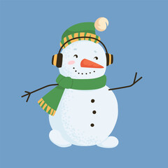 Playful cartoon snowman in cozy earmuffs and green scarf enjoying winter chill. Fun holiday character for Christmas cards, children's design, kids stickers. Festive seasonal vector illustrations