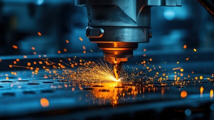 Laser cutting machine processing metal with sparks, industrial manufacturing