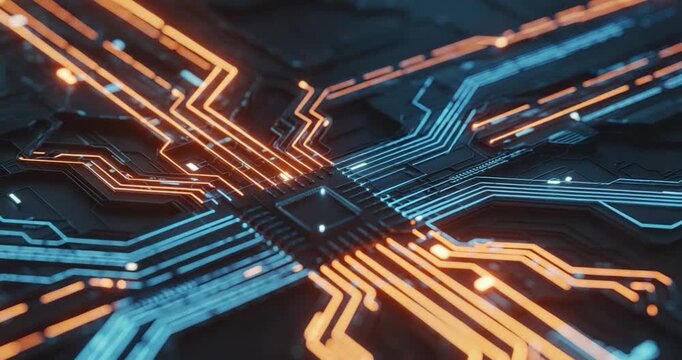 Futuristic circuit board with glowing orange and blue lines and a central processor chip technology