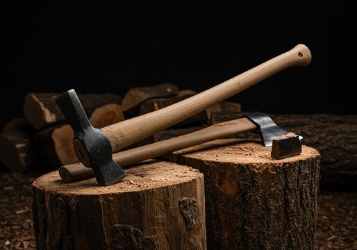 A heavy duty pickaxe and a splitting axe lie on rough wood, ready for work outdoors. These essential tools are crucial for forestry and mining ,construction ,pickaxe ,metal