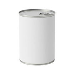 Blank white cylindrical metal food can with pull tab lid on transparent background