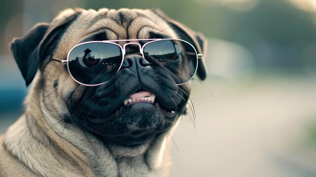Cool pug dog wearing sunglasses close up portrait canine eyewear brown tan small wrinkled face sunny street with shallow depth of field warm golden