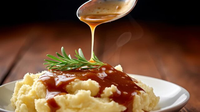 Delicious creamy mashed potatoes with savory gravy and rosemary, perfect comfort food side dish that delights senses for any meal
