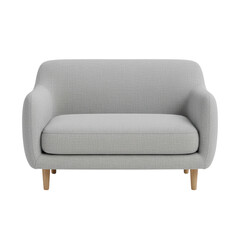 Light grey minimalist loveseat sofa with wooden legs on transparent background