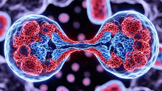 Microscopic view of cell division, red and blue structures with glowing details on a dark background