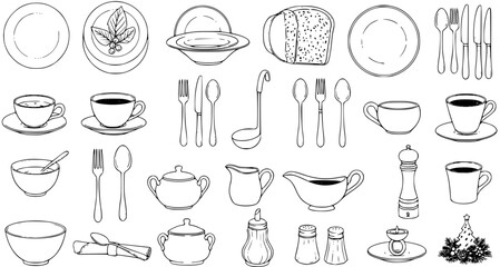 Elegant Table Setting Clipart: Dinnerware, Flatware  Decorations - Vector Illustration